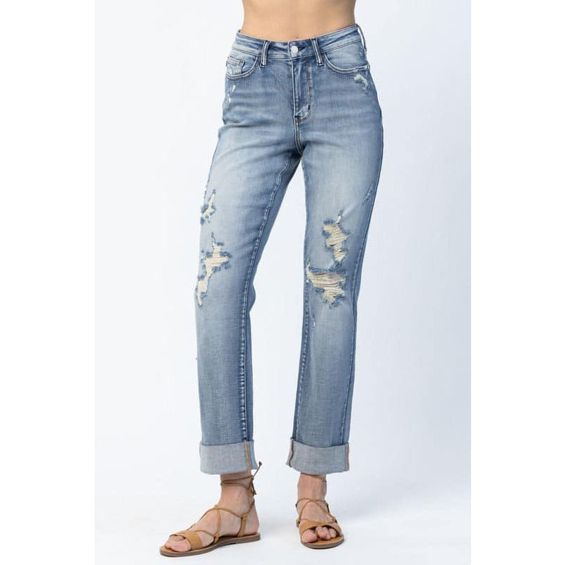 Judy Blue Lyla High Waist Boyfriend Double Cuff Fray Hem Destroyed Jeans - Rhapsody and Renascence