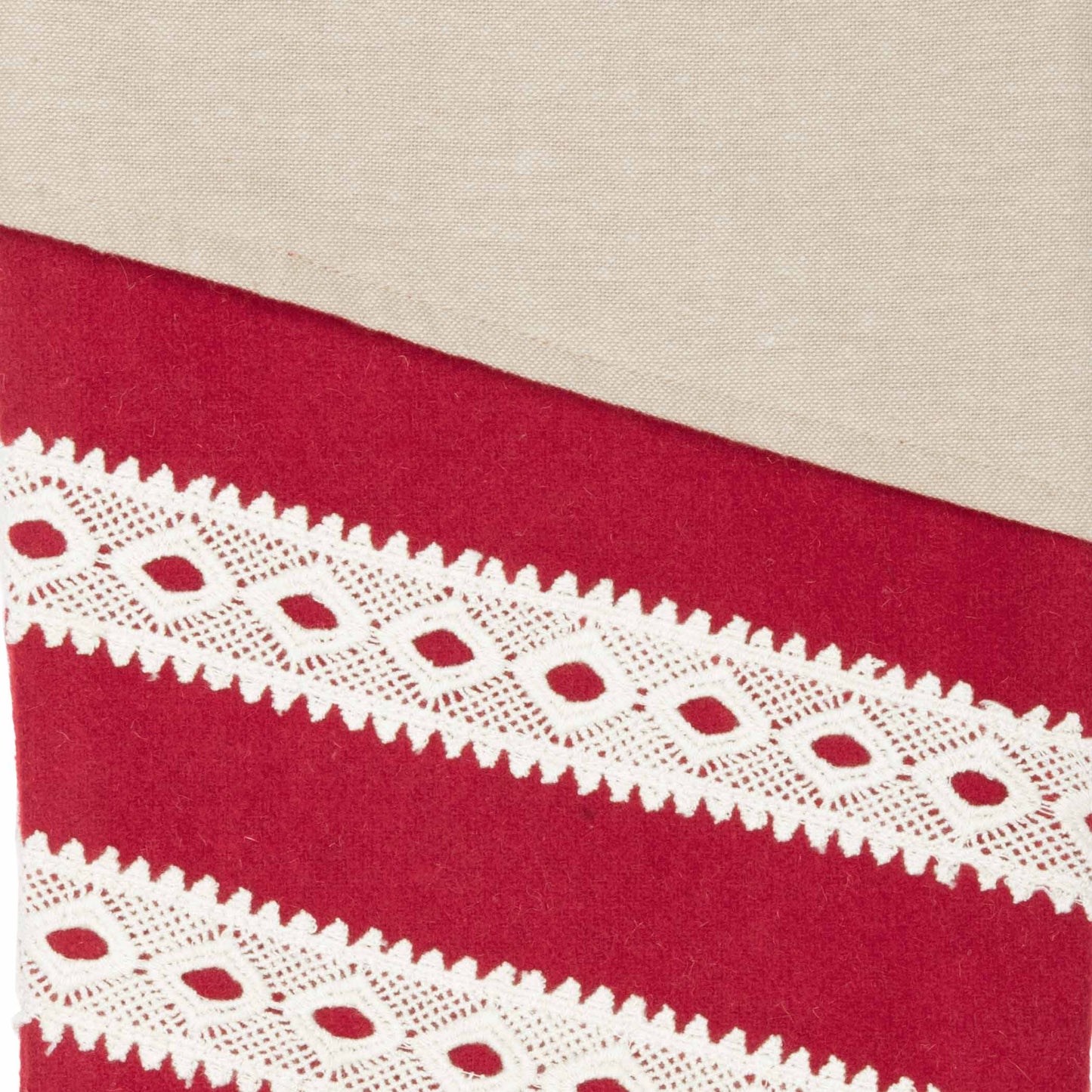 red Christmas stocking with cream colored lace trim close up