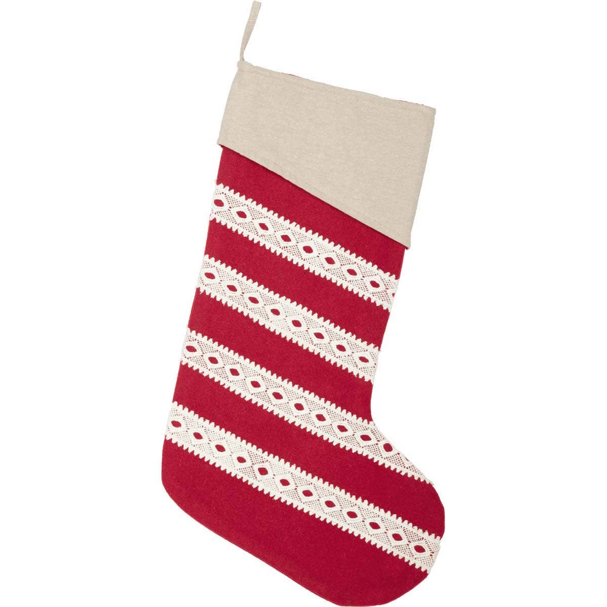 red Christmas stocking with cream colored lace trim