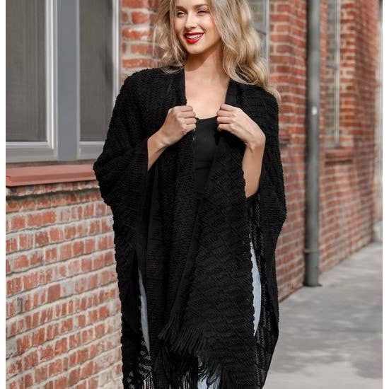 Leto Accessories - Soft Diagonal Knit Tassel Trim Ruana: Black - Rhapsody and Renascence - -
