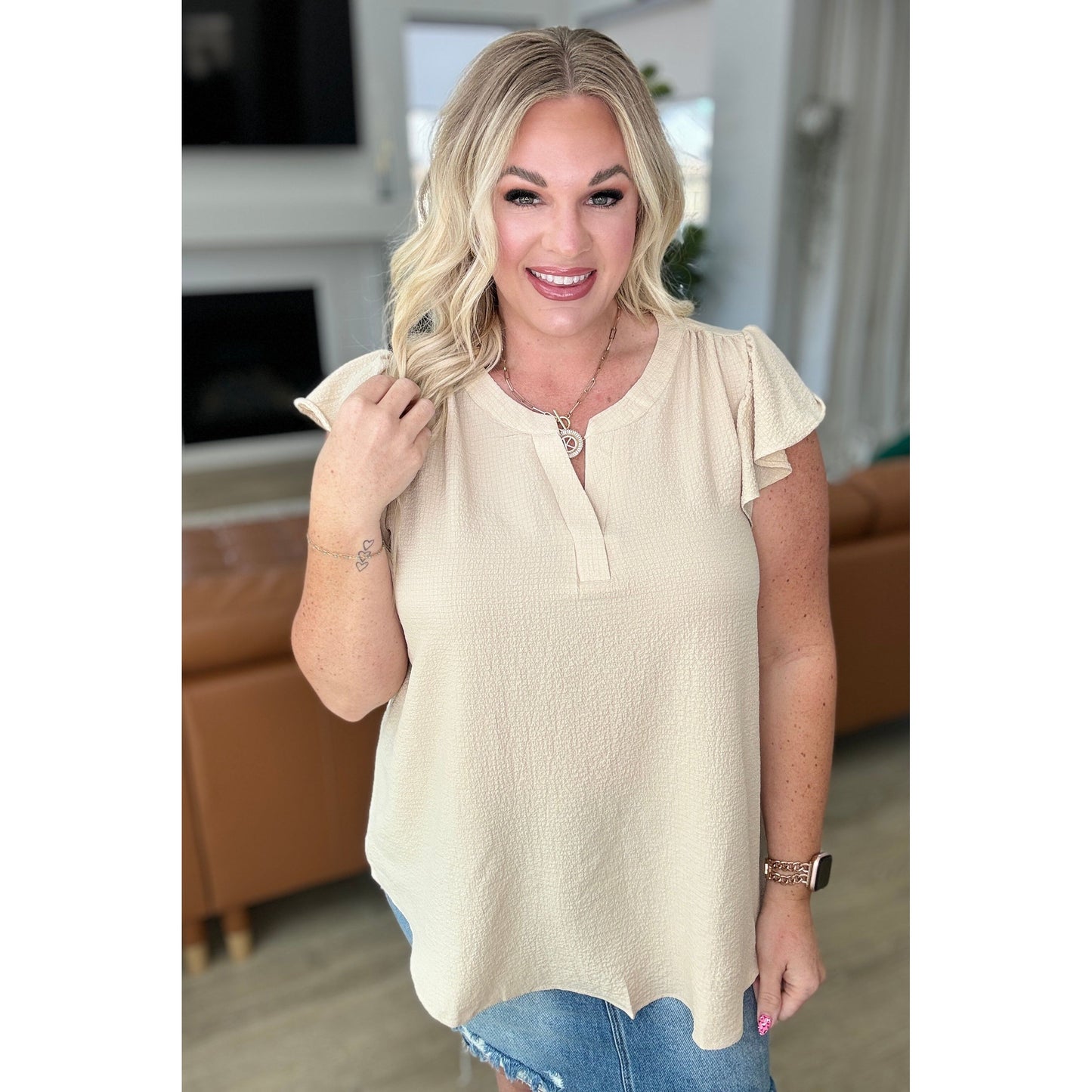 Crinkle Split Neckline Flutter Sleeve Top in Taupe - Rhapsody and Renascence -Tops - 1XL, 2XL, 3XL, 4-24-2024, Andree By Unit, Large, Medium, Small, XL