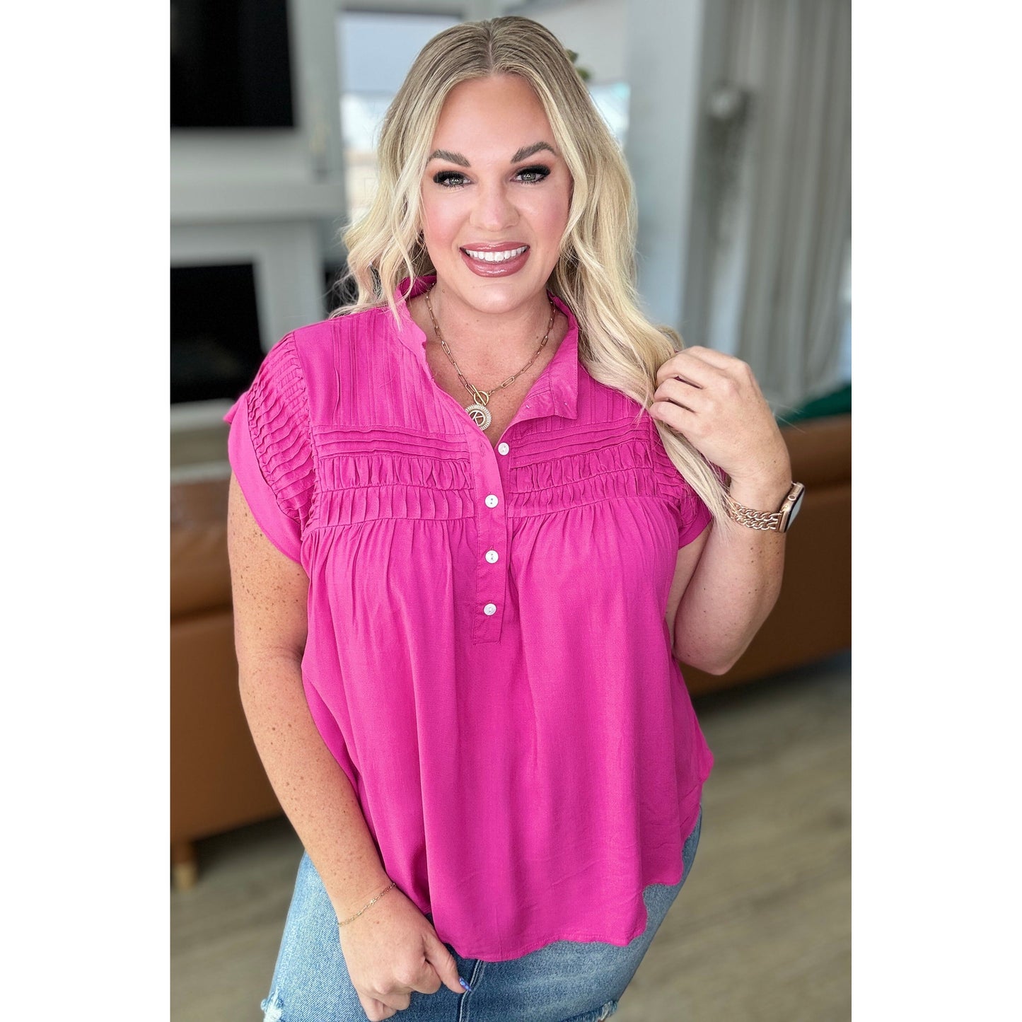 Pleat Detail Button Up Blouse in Hot Pink - Rhapsody and Renascence -Tops - 1XL, 2XL, 3XL, 4-24-2024, Andree By Unit, Large, Medium, Small, XL