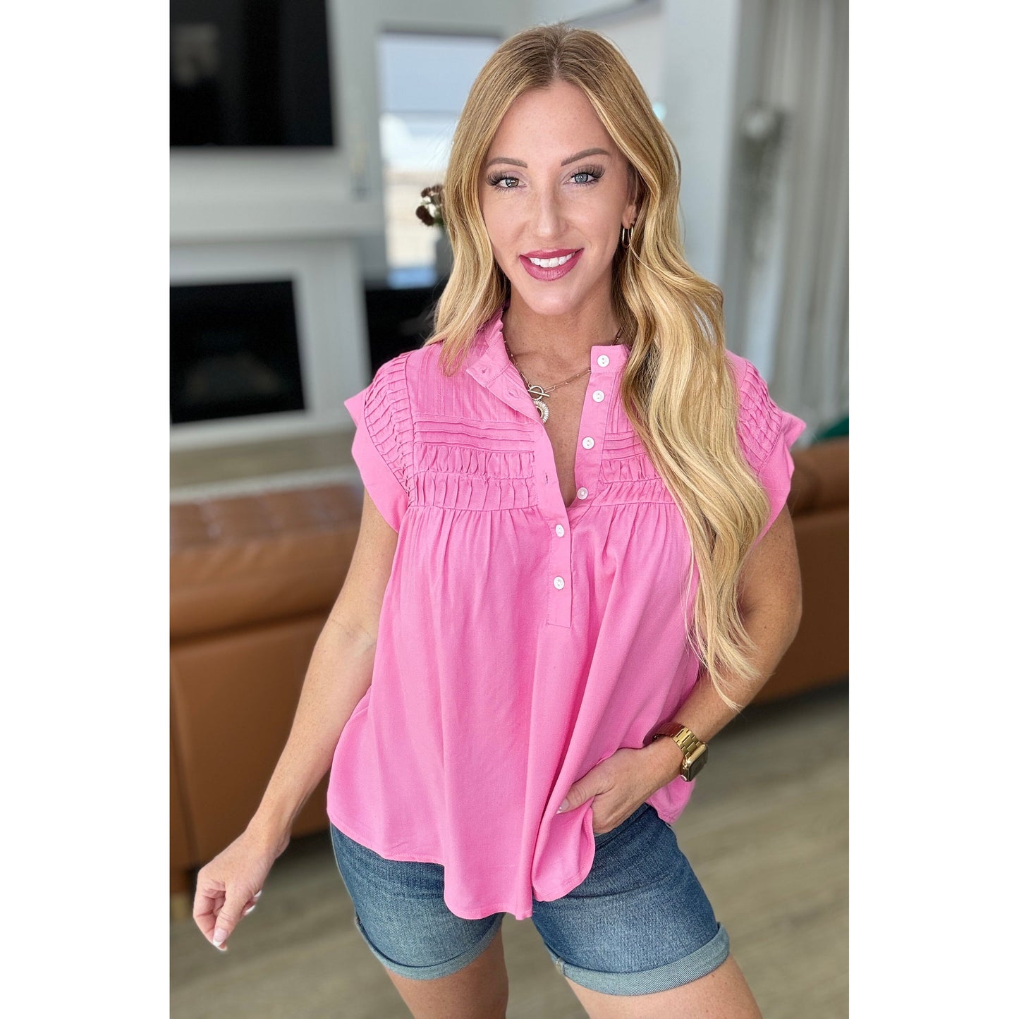 Pleat Detail Button Up Blouse in Pink Cosmos - Rhapsody and Renascence -Tops - 1XL, 2XL, 3XL, 4-24-2024, Andree By Unit, Large, Medium, Small, XL
