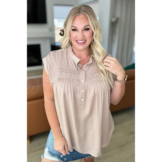 Pleat Detail Button Up Blouse in Taupe - Rhapsody and Renascence -Tops - 1XL, 2XL, 3XL, 4-24-2024, Andree By Unit, Large, Medium, Small, XL