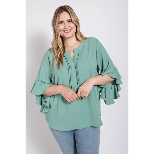 Gloria Ruffle Bell Sleeve Top - Rhapsody and Renascence -Women > Tops > Blouses - bell sleeves, boho, misses, plus, plus size, top, tops