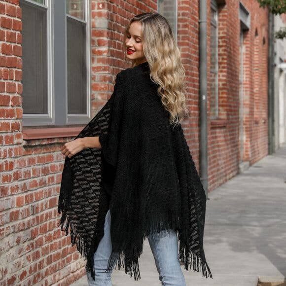 Leto Accessories - Soft Diagonal Knit Tassel Trim Ruana: Black - Rhapsody and Renascence - -