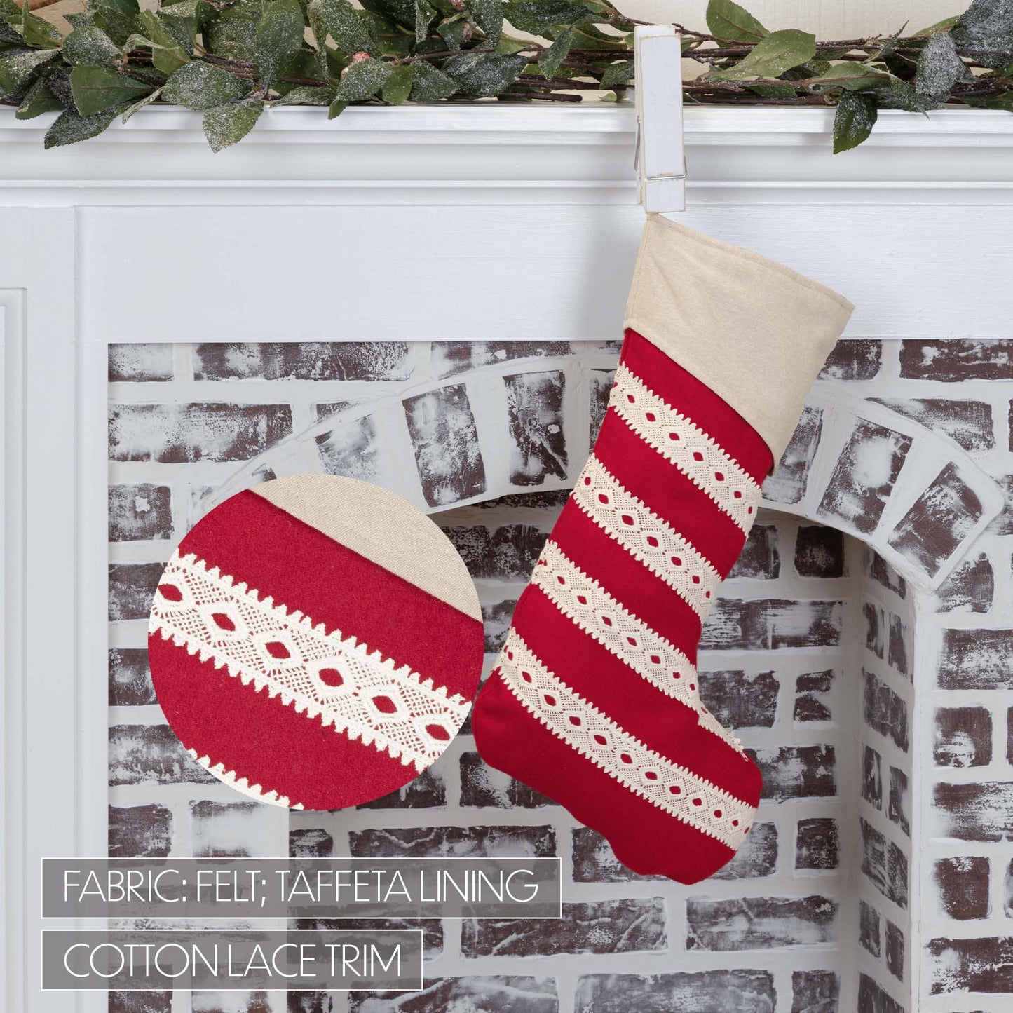 red Christmas stocking with cream colored lace trim