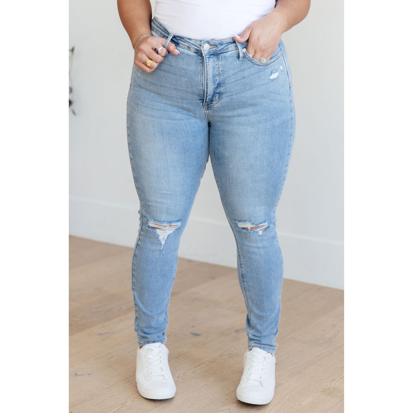 Eloise Mid Rise Control Top Distressed Skinny Jeans - Rhapsody and Renascence