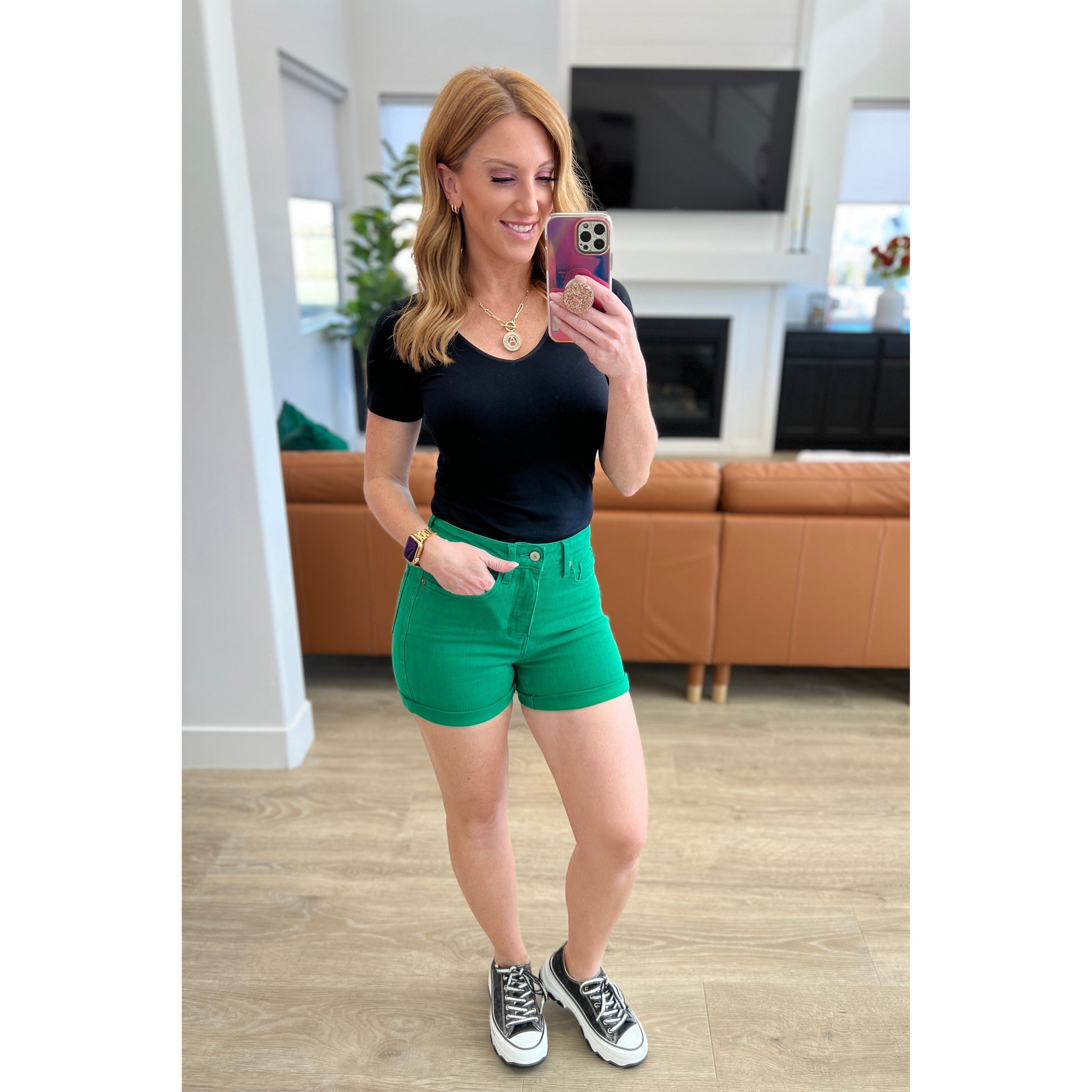 Judy Blue High Rise Control Top Cuffed Shorts in Green - Rhapsody and Renascence
