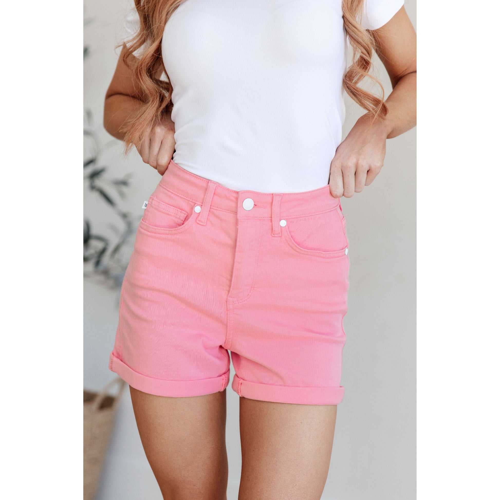 Judy Blue High Rise Control Top Cuffed Shorts in Pink - Rhapsody and Renascence