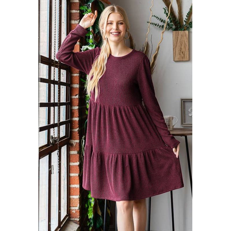 HEIMISH - ED6862-10 LONG SLEEVE SOLID URBAN RIBBED TIERED MINI DRESS: BURGUNDY / 2-2-2 (1X-2X-3X) - Rhapsody and Renascence - - 