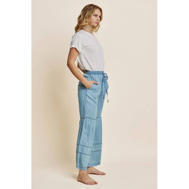 Oddi - Plus Washed Denim Tiered Wide Leg Pants: Washed Chambray / 1XL - Rhapsody and Renascence - - 