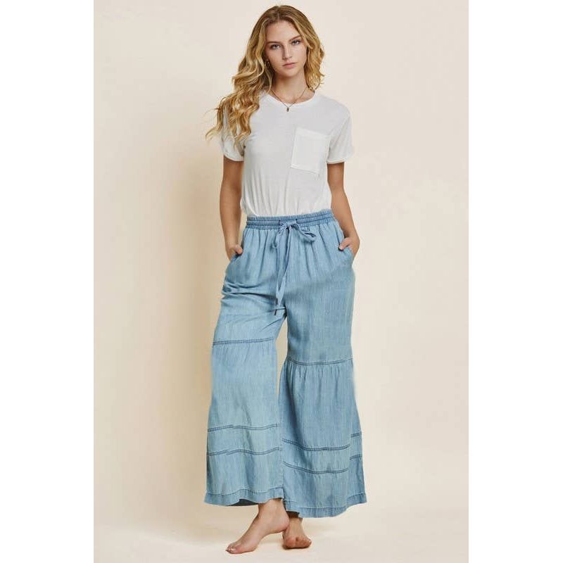 Oddi - Plus Washed Denim Tiered Wide Leg Pants: Washed Chambray / 1XL - Rhapsody and Renascence - - 