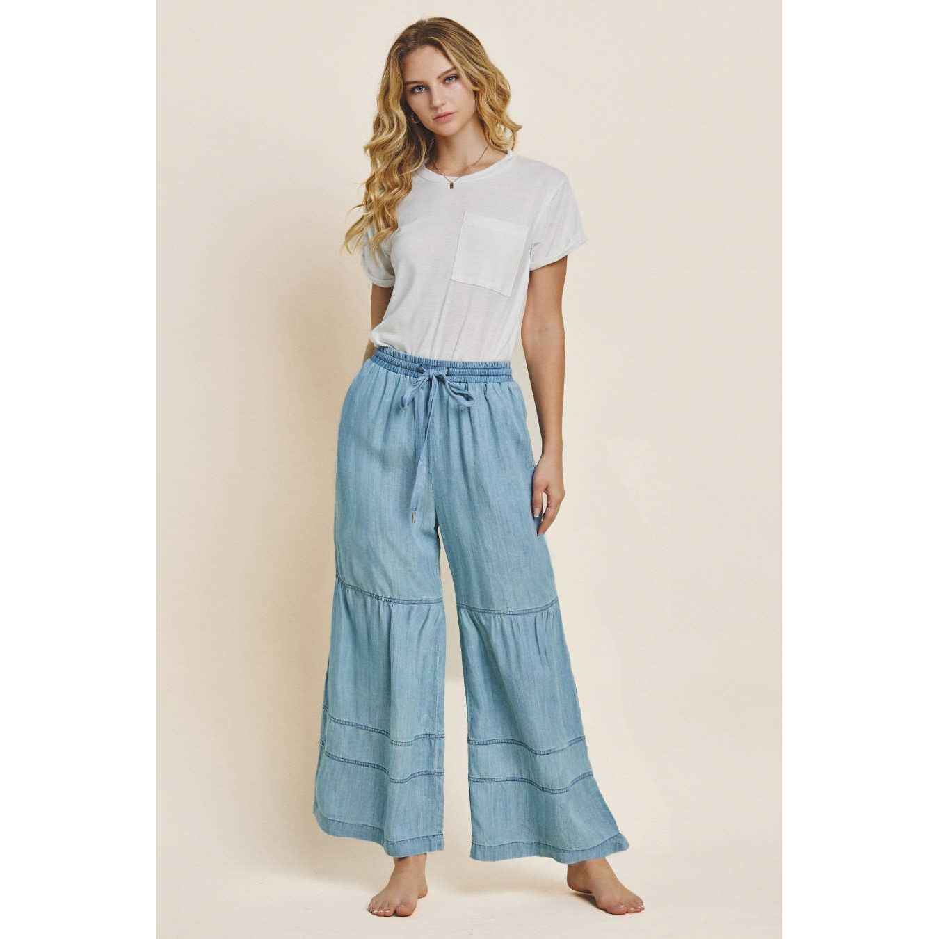 Oddi - Plus Washed Denim Tiered Wide Leg Pants: Washed Chambray / 1XL - Rhapsody and Renascence - - 