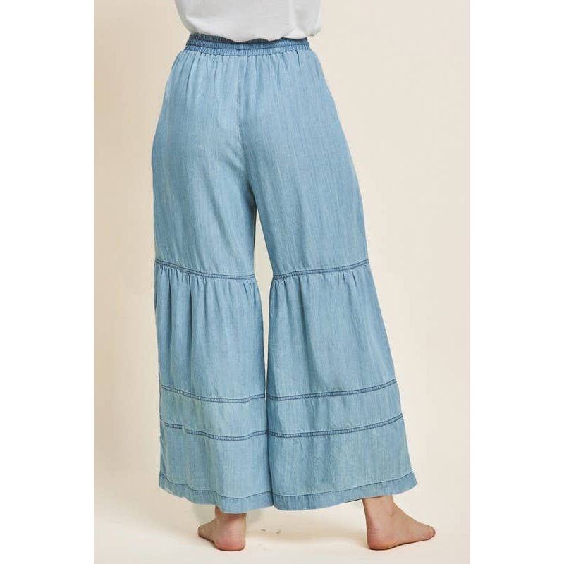 Oddi - Plus Washed Denim Tiered Wide Leg Pants: Washed Chambray / 1XL - Rhapsody and Renascence - - 