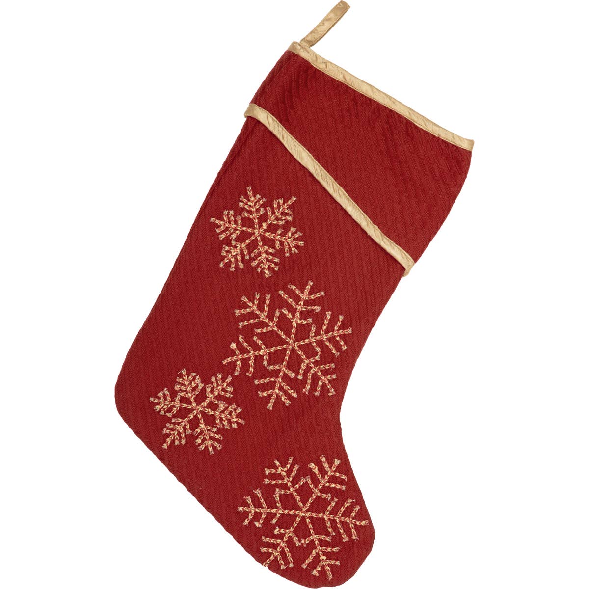 red christmas stocking gold trim and snowflakes