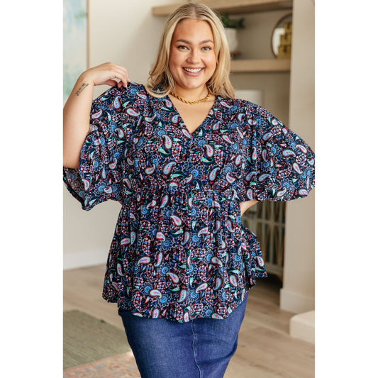 Dreamer Top in Black and Periwinkle Paisley - Rhapsody and Renascence -Tops - 2XL, 3XL, 4-26-2024, Dear Scarlett, Large, Medium, Small, Tops, XL