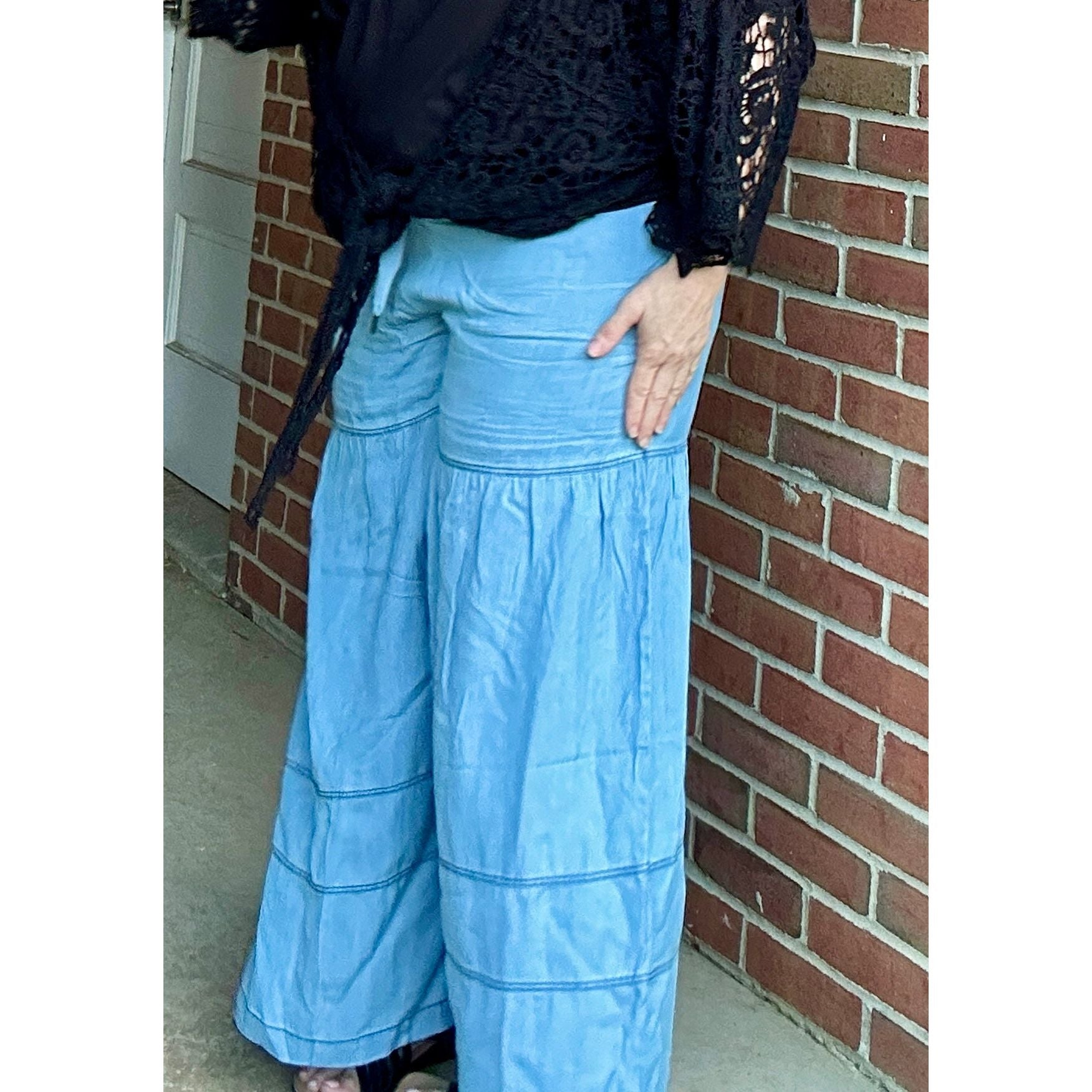 Maggie Washed Denim Tiered Wide Leg Pants - Rhapsody and Renascence -Pants - boho, misses, new, pants, plus, plus size, sustainable, tencel