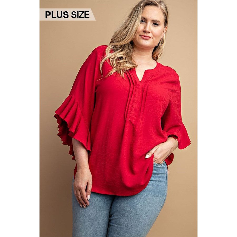 Gloria Ruffle Bell Sleeve Top- 3 Colors - Rhapsody and Renascence -Women > Tops > Blouses - bell sleeves, boho, Max Retail, misses, plus, plus size, top, tops