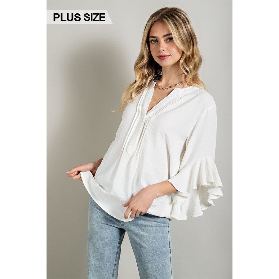 Gloria Ruffle Bell Sleeve Top- 3 Colors - Rhapsody and Renascence -Women > Tops > Blouses - bell sleeves, boho, Max Retail, misses, plus, plus size, top, tops