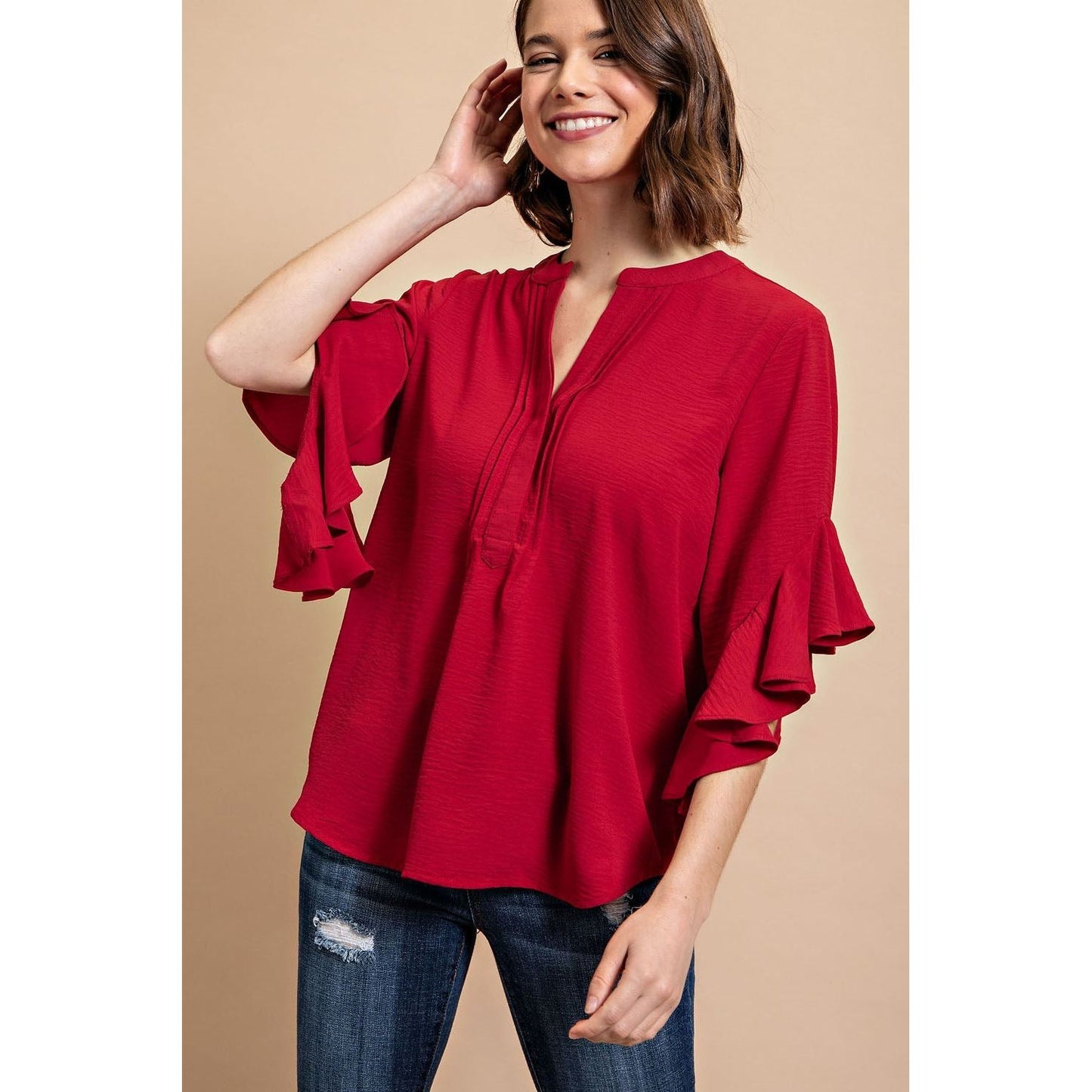 Gloria Ruffle Bell Sleeve Top- 3 Colors - Rhapsody and Renascence -Women > Tops > Blouses - bell sleeves, boho, Max Retail, misses, plus, plus size, top, tops