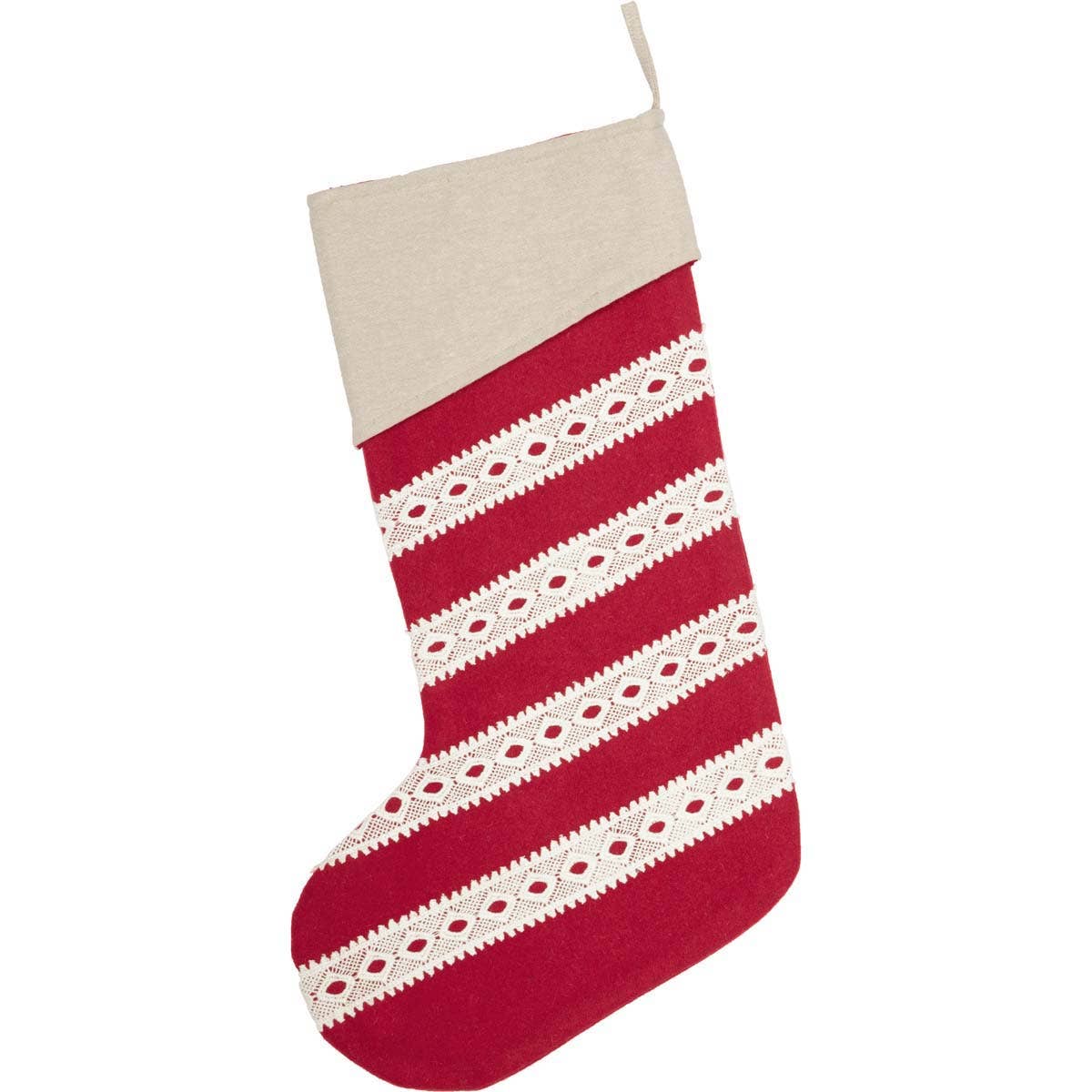 red Christmas stocking with cream colored lace trim