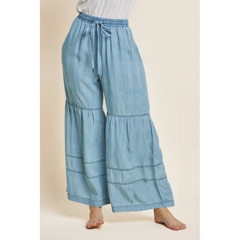 Oddi - Plus Washed Denim Tiered Wide Leg Pants: Washed Chambray / 1XL - Rhapsody and Renascence - - 