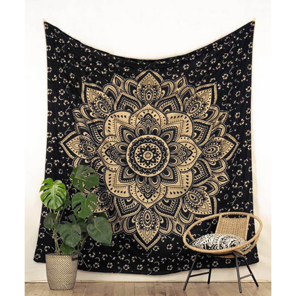 Kalyani Lotus Flower Black Gold Tapestry - Rhapsody and Renascence